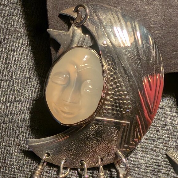 RARE TABRA CARVED MOONSTONES MOON FACE STERLING STAR MOON & STAR EARRINGS - Picture 2 of 5